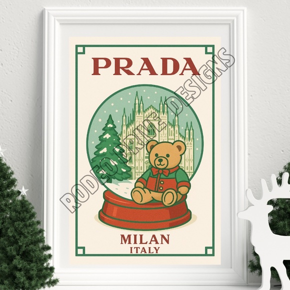 Prada Inspired Milan Italy Teddy Bear Snow Globe Art Print 11x17 - Picture 1 of 2